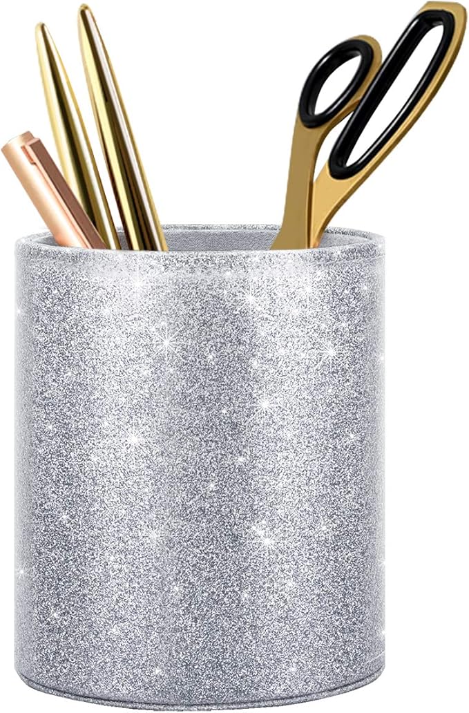 WAVEYU Glitter Pen Holder, Pencil Cup Desk Sparky Bling for Women Girls, Luxury Durable Makeup Brush Holder Large Pu Leather Multi-Functional Organizer Cup for Office, Classroom, Home, Silver