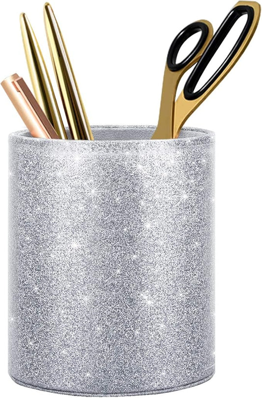 WAVEYU Glitter Pen Holder, Pencil Cup Desk Sparky Bling for Women Girls, Luxury Durable Makeup Brush Holder Large Pu Leather Multi-Functional Organizer Cup for Office, Classroom, Home, Silver