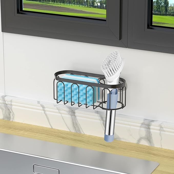 Yazoni 2-in-1 Sponge Holder for Kitchen Sink, Suction Cup Sponge Rack Kitchen Caddy, No Drill Rustproof Sink Organizer Holder for Place Dishwashing Brush Soap (Black)