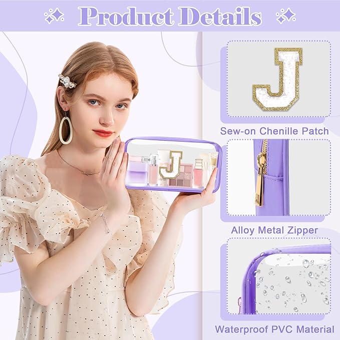 Personalized Initial Letter Clear Makeup Bag, Preppy Small Nylon & PVC Cosmetic Zipper Bag with Chenille Letter, Travel Skincare Toiletry Bag, Monogram Christmas Gift for Teen Girls Women, J