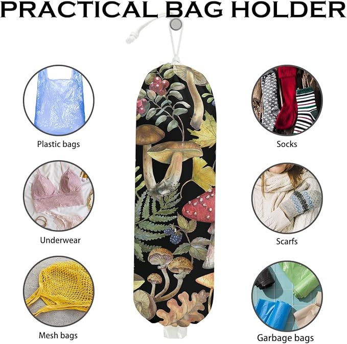 Mushroom Plastic Bag Holder for Kitchen Essentials, Wall Mount Grocery Bag Holder for Plastic Bags, Summer Leaves Reusable Shopping Bags Storage Dispenser for Home Kitchen, Mushroom Gifts for Women
