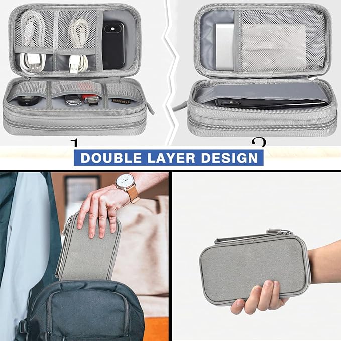 Travel Organizer Pouch Electronic Accessories Carry Case Portable Waterproof Double Layers Storage Bag for Cable, Cord, Charger, Phone, Power Bank, Earphone, Hard Drive (Light Grey, Large)