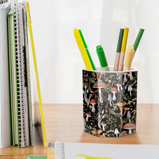 WAVEYU Desk Pen Holder, Ceramic Pencil Cup, Cute Makeup Brush Holder, Desktop Supplies and Accessories for Women Students, Office Home Art Supply Caddy, Mushrooms Pattern