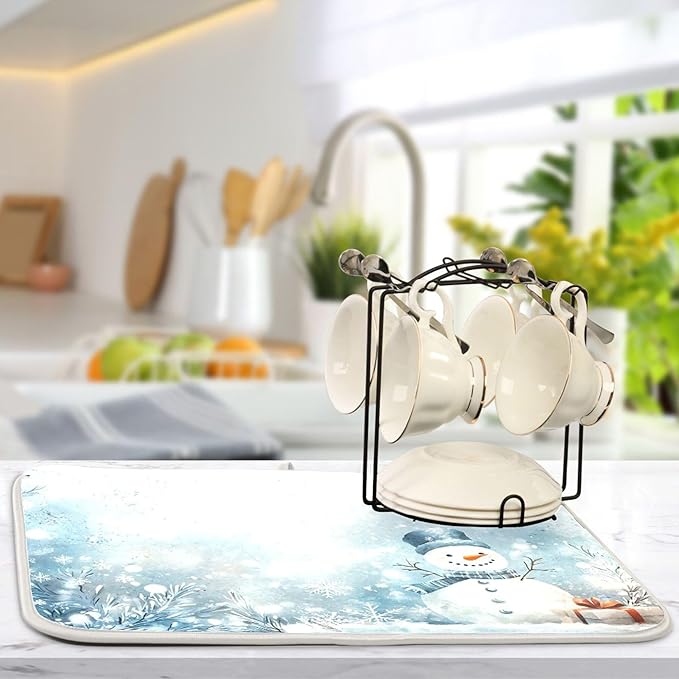 Winter Snowman Silver Dish Drying Mat for Kitchen Countertop 18x24 Christmas Snowflake White Xmas Large Drying Mat Reusable Quick Dry Dish Sink Mats Easy Clean Decorative Essentials