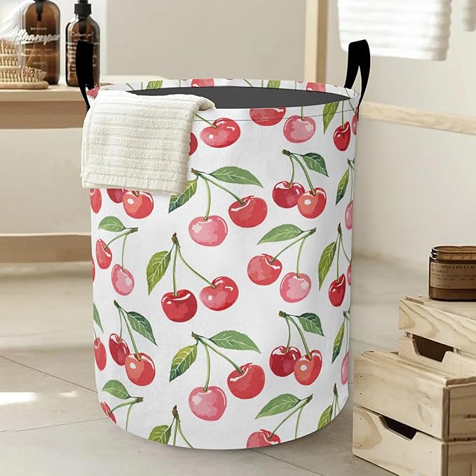 Cute Cherry Laundry Hamper Large Canvas Fabric Lightweight Storage Basket/Dirty Clothes Collapsible Waterproof for College Dorms, Boys and Girls Bedroom, Bathroom