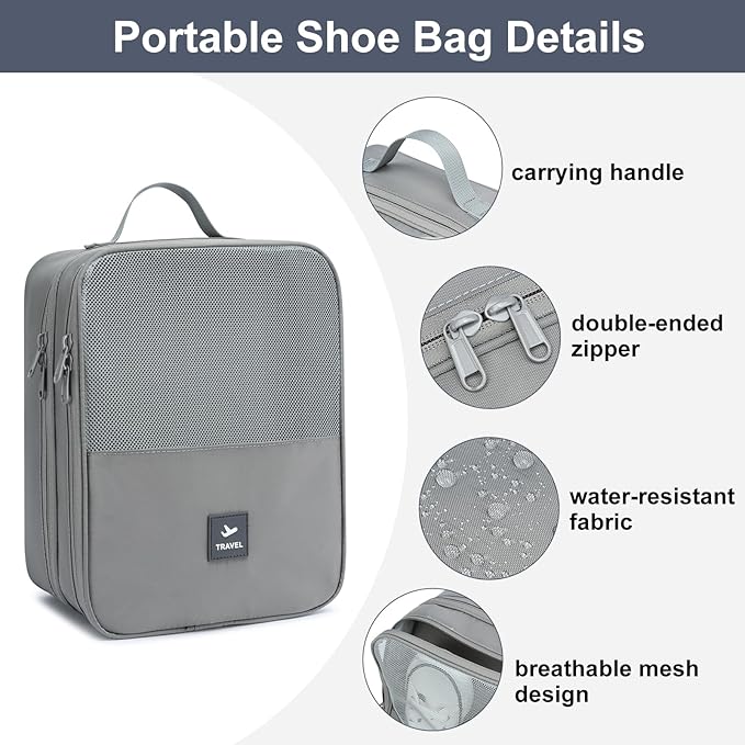 2 Layers Travel Shoe Bag, Portable Shoe Bags Hold 2 Pair Of Shoes, Water-Resistant Shoe Storage Pouch For Travel (Grey, 2 Pack)