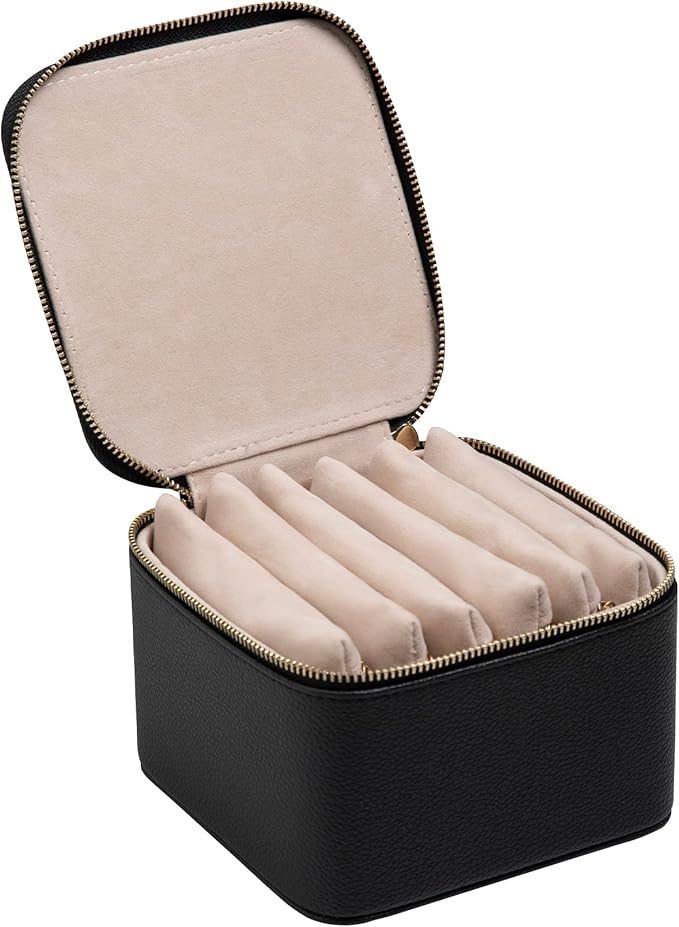 Frebeauty Small Travel Jewelry Box,Travel Jewelry Case with 6 Pouch Bags,Portable Travel Jewelry Organizer,Mini Jewelry Storage,3.35 x 4.9 x 4.8 Inches,Gift Idea for Women Girls(Black)