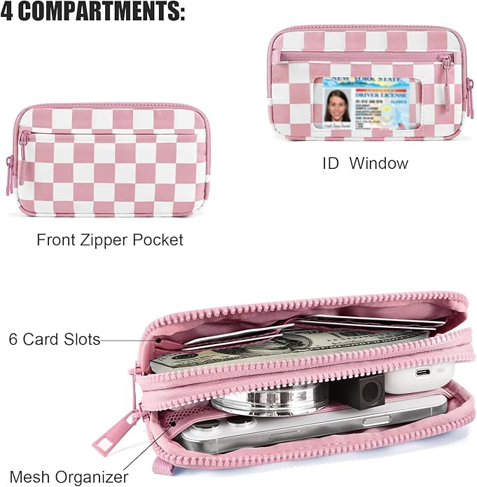 Checkered WristleWallets for Women, RFID Wallet Crossbody with 4 Zippers, Credit Card Holder Cell Phone Organizer