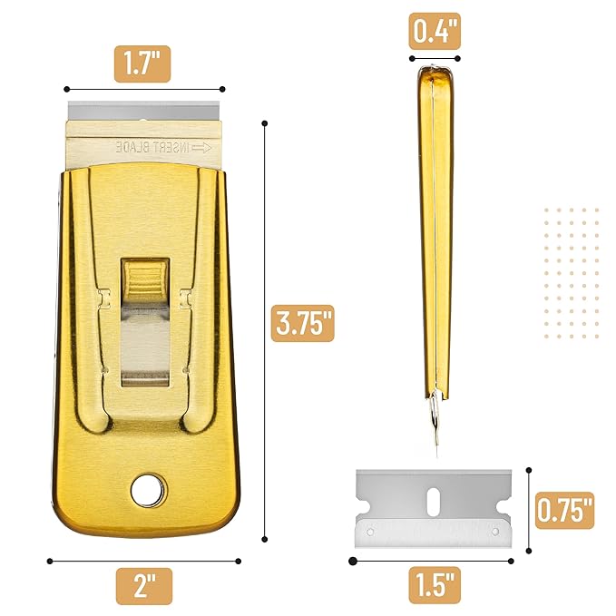 Bates- Metal Razor Blade Scraper Tool, 2 Pack, 30 Extra Blades, Gold, Heavy-Duty Cleaning Razor Scraper Tool