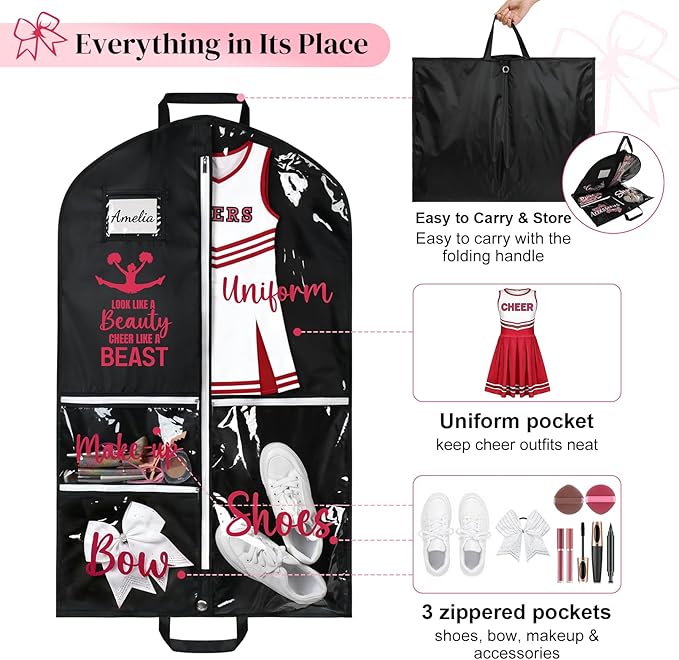 DEEKA Cheer Garment Bag for Hanging Clothes with Zipper Pockets Cheer Accessories Mom Essentials Uniform Costume 40 Inch Black Bags Stuff for Cheerleading Girls (Black,Red-Cheer Quote)