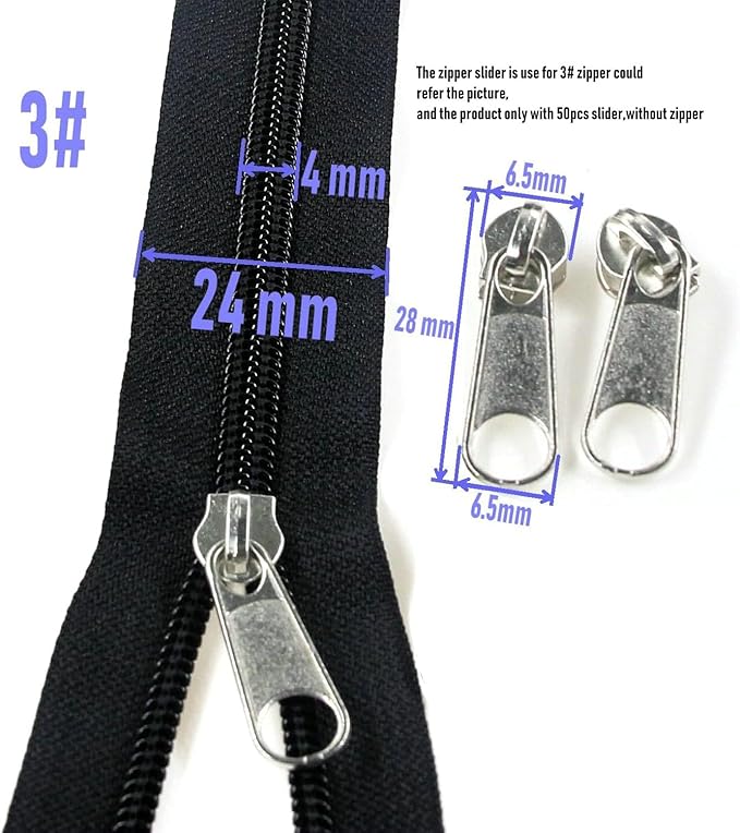 50PCS #3 Shiny Silver Pulls for Nylon Coil Zippers Metal Zipper Sliders for Jacket Luggage Purses Bags Bulk(Silver)