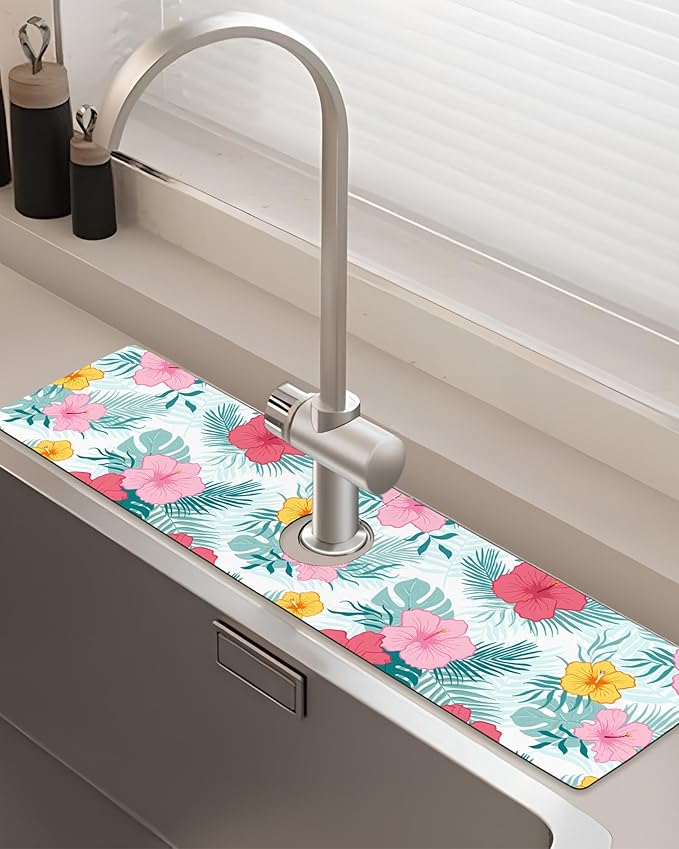 Patterned Sink Faucet Mat Kitchen Splash Guard Super Absorbent Drying Mat, Non-Slip Drain Pad for Kitchen Counter or Bathroom-24x5.5in