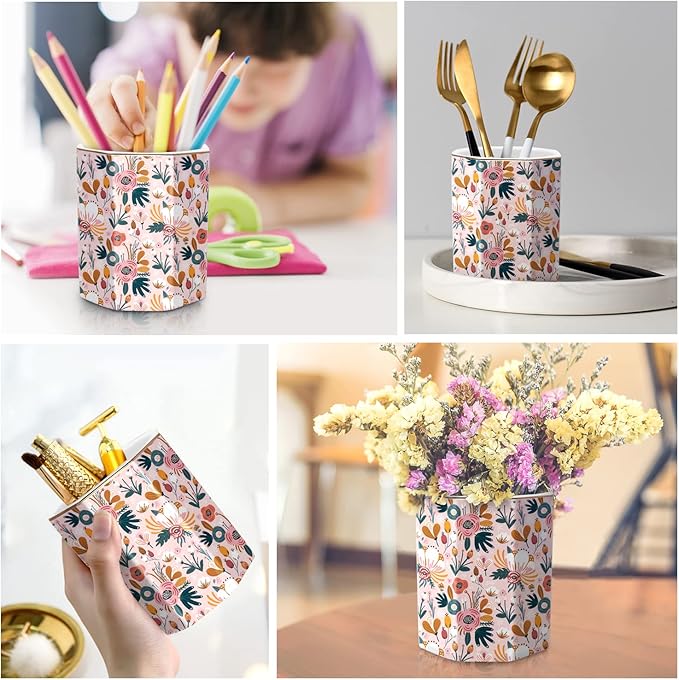 WAVEYU Large Capacity Colored Ceramic Floral Pencil Storage Marker Pen Holder, Cute Home Decor for Christmas, Holiday, Makeup Brush Holder for Girl Women Adult Teen Gift, Pink Flower