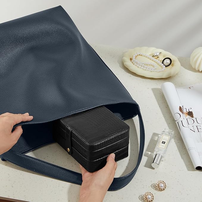 Travel Jewelry Case, Portable Jewelry Organizer Box with 3 Layers PU Leather Storage for Earrings, Necklaces, Rings, Bracelets, Compact Jewelry Gift for Women, Christmas Gifts (Black)