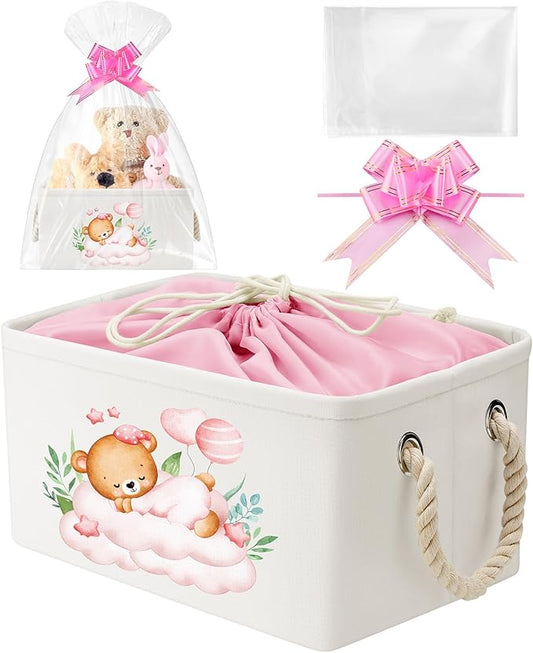 Pickmesh Baby Shower Storage Basket with Gift Bags Rectangular Ribbons Collapsible Canvas Storage Bin with Handles for Diaper Organizing Toy Home DIY Gift Basket, 13 x 9. 1 x 7. 1 Inch(Pink Bear)