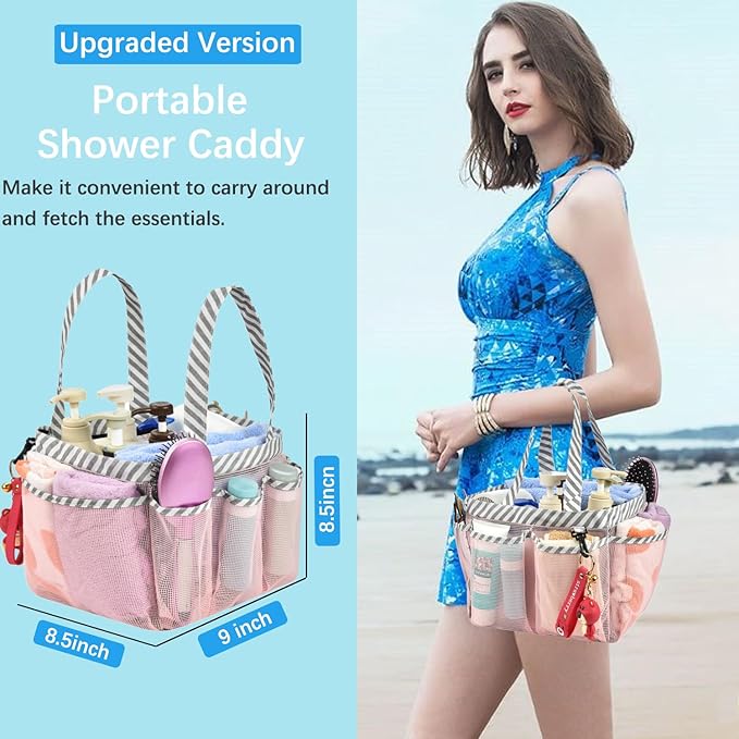 Haundry Mesh Shower Caddy Portable for College Dorm Room Essentials, Shower Caddy Tote with 8 Pockets Large Capacity, Shower Bag for Beach, Swimming, Gym, Pink