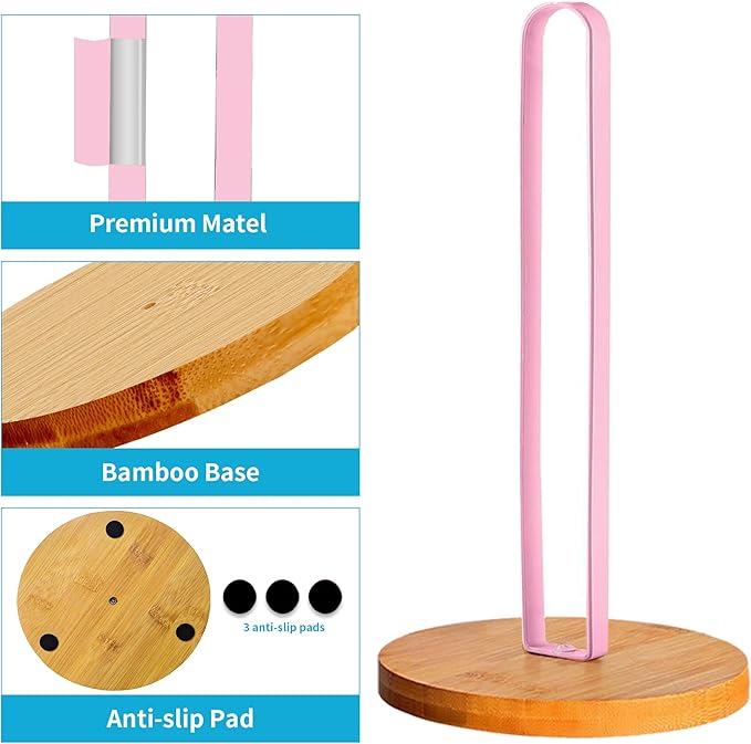 TONLEA Wooden Paper Towel Holder Countertop, Kitchen-Towel-Holder FreeStanding with Non-Slip Base for Bathroom (Light Pink)