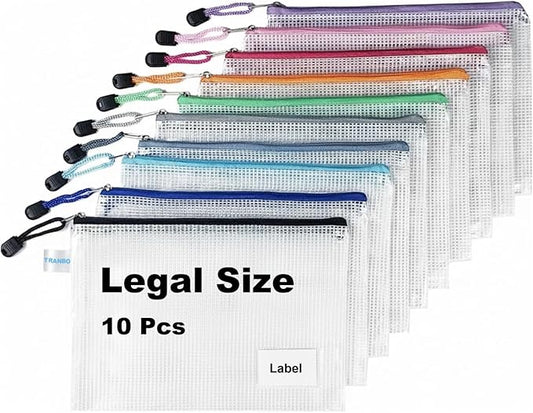 10pcs Legal Size Mesh Zipper Pouch Bags with Label Pocket, Plastic Zip Lock Bag for Classroom Organization, Pouch for Travel Organizing Puzzle Board Game Storage -15.35 × 9.45 inch