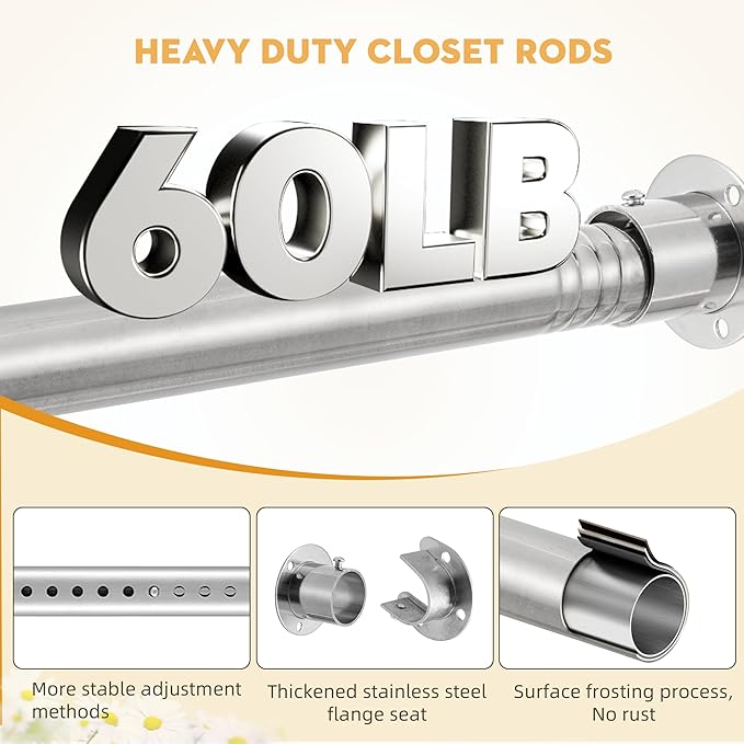 1.3 Inch Diameter Closet Rods for Hanging Clothes, 17-75 Inch Adjustable, Metal Heavy Duty Closet Pole, Silver Closet Bar for Hanging Clothes, Suitable for Closets, Wardrobes, Bathrooms, Windows