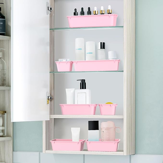 WOWBOX 25 PCS Plastic Drawer Organizer Set, 4 Sizes Desk Drawer Divider Organizers and Storage Bins for Makeup, Jewelry, Gadgets for Kitchen, Bedroom, Bathroom, Office, Pink