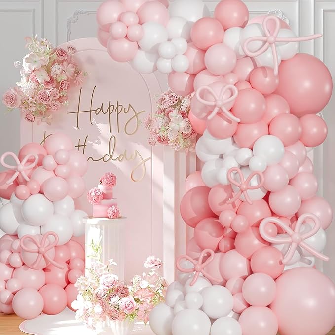 Pink Bow Balloon Arch Kit,130 PCS Coquette Birthday Decorations, Pastel Pink and White Garland Include Light blush Coquette Bow Balloon for Wedding Bridal Baby Shower Girls' Birthday Decoration