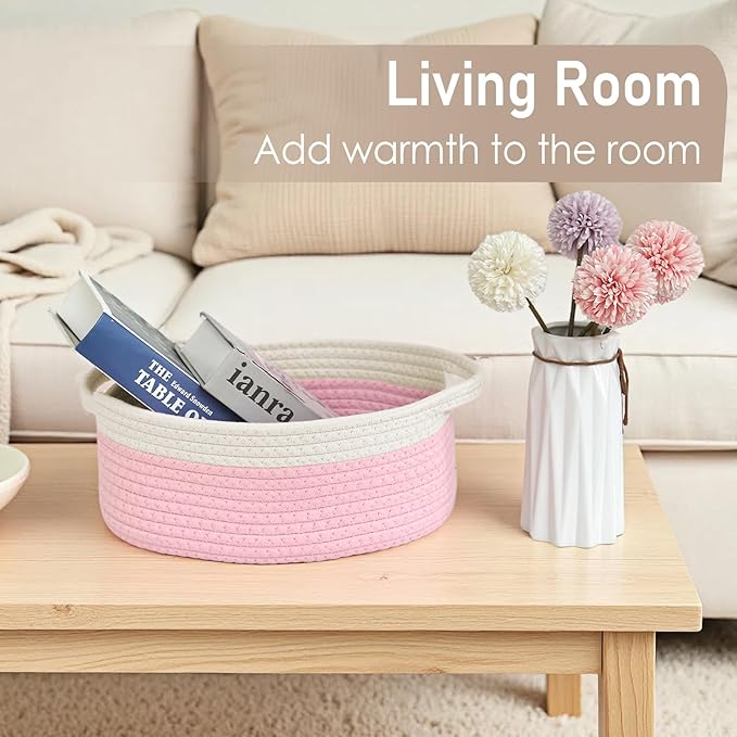 Woven Basket, Small Rope Storage Bin with Handles & Ribbon Bag, Organizer for Shelves Closets, Empty Gift Basket for Birthday, Books, Dog Toys, White & Pink/2 Pack