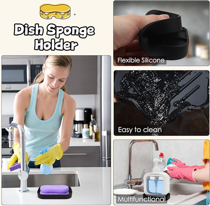 Yasmen Silicone Bathroom Soap Dishes, Sink Sponge Holder for Kitchen, 2Pcs Rubber Soap Dish with Drain, Shower Soap Sponge Tray, Sink or Counter Organizer for Bar Soap, Dish Soap Dispenser-Black/White