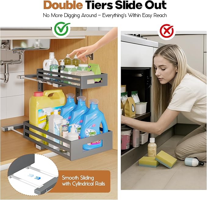 1-Pack Under Sink Organizers and Storage, 2-Tier L-Shape Pull Out Cabinet Organizer with Round Tube Slide Rails, Height Adjustable Slide Out Drawers for Kitchen & Bathroom, Multi-Purpose Storage Shelf - Gray
