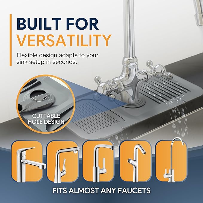 14.6” Silicone Faucet Mat For Kitchen Sink, Kitchen Sink Splash Guard Behind Faucet, Kitchen Faucet Mat For Kitchen Sink, Kitchen Sink Faucet Mat Splash Guard and Sink Water Splash Guard (Gray)