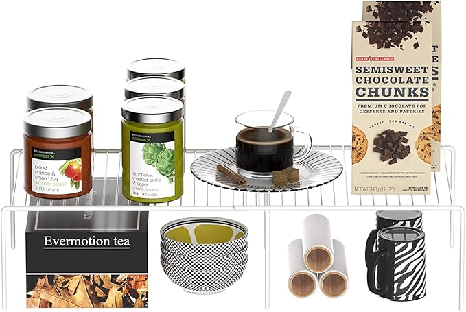 Kitchen Cabinet Expandable Shelf Organizers Set of 4, Adjustable Metal Wire Pantry Storage Shelves, Plate Dish Organizer Rack for Cabinets, Cupboard, Counter, Freezer, Countertop, White