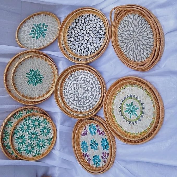Handmade Round Rattan Tray with Mother of Pearl Inlay, Rattan Service Tray with Wooden Base, Table Decoration with Wicker Baskets, Storage and Display of Bread,Fruit,Desserts (Green Grape)