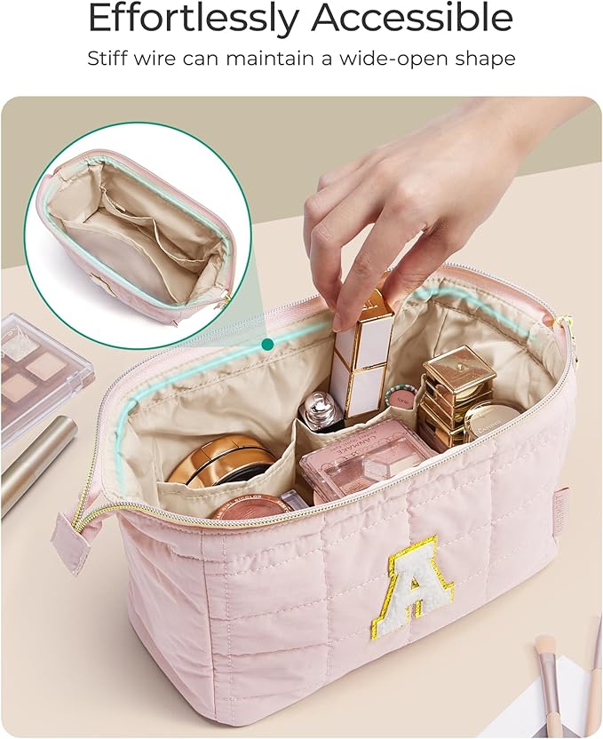 BAGSMART Birthday Gifts Personalized Initial Makeup Bag, Trendy Stuff Gifts for Women Bridesmaid Graduation, Puffy Padded Make Up Bags for Women, Wide-open Toiletry Bag, Pink M
