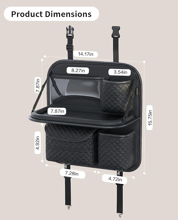 Leather Car Backseat Organizer with Foldable Table Tray - Cup, Tissue, Tablet Holder & Purse Hook, Road Trip Essentials for Car (Black)