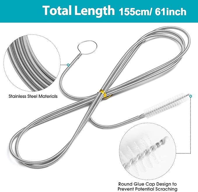 RayTour Extra-Thick Drain Brush with Stronger Spring 61-Inch Stainless Steel and Nylon Pipe Cleaner for Flexible, Curved & Slim Holes, Stronger Spring Version