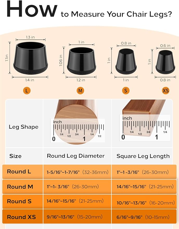 24-Pack Silicone Chair Leg Floor Protectors for Hardwood Floors -Felt Furniture Pads, Rubber Chair Leg Covers/Caps - No Noise & Scratch-Proof - Round Large (Fits 1 5/16"-1 7/16" / 32-36mm), Black