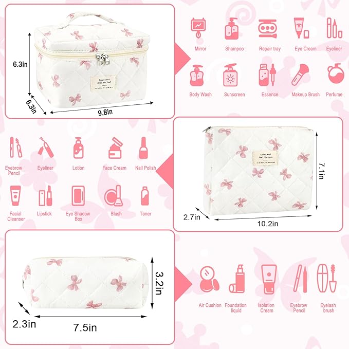 3Pcs Cotton Quilted Makeup Bag for Women Extra Large Coquette Small Floral Travel Cosmetic Bag Set Aesthetic Cute Bow Makeup Pouch Portable Toiletry Bag Puffy Essential Storage Organizer