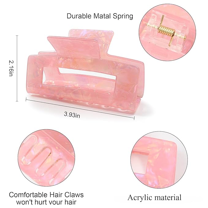 3PCS Large Hair Claw Clips for Thick Hair - 4 Inch Acrylic Strong Hold Non-Slip Barrettes Hair Clamps for Women - Big Rectangle Hair Clips for Curly Hair, Updo, Bun, Ponytail (white&blue&pink）