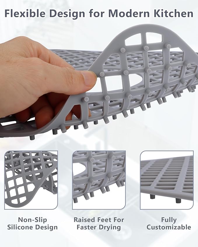 2 Pack Silicone Sink Protector for Kitchen Sink, Lozenge Pattern 13 x 11 inches Sink Grid Mat Silicone Protectors, Center Drain, Gray