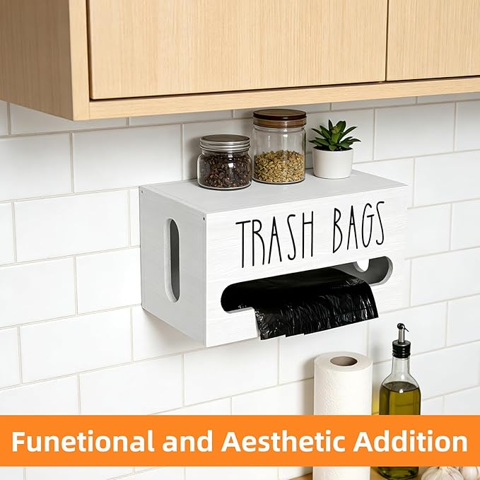 Trash Bag Dispenser, Double Wall Mounted, Wood Trash Bag Holder, used in kitchen, garage, laundry room, can store environmentally friendly food bags and garbage bags (White/Small)
