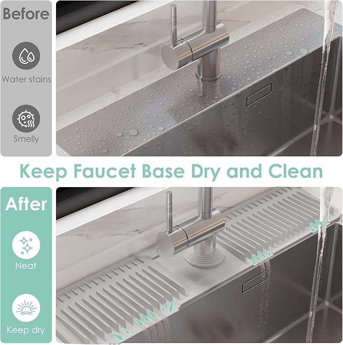 24 Inch Silicone Faucet Mat for Kitchen Sink Splash Guard - 7° Slope Water Draining Mat With Fasten Button for Bathroom Area (Gray, 24''x5.5'')