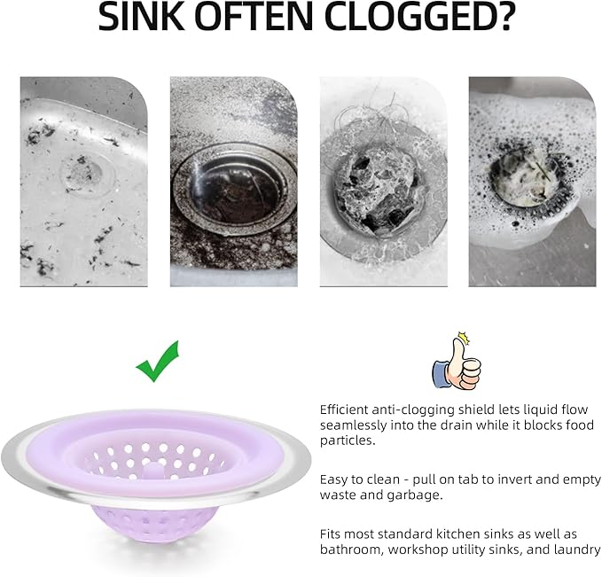 2 PCS Kitchen Stainless Silicone Sink Strainer, 4.5 inch Diameter… (Light Purple)