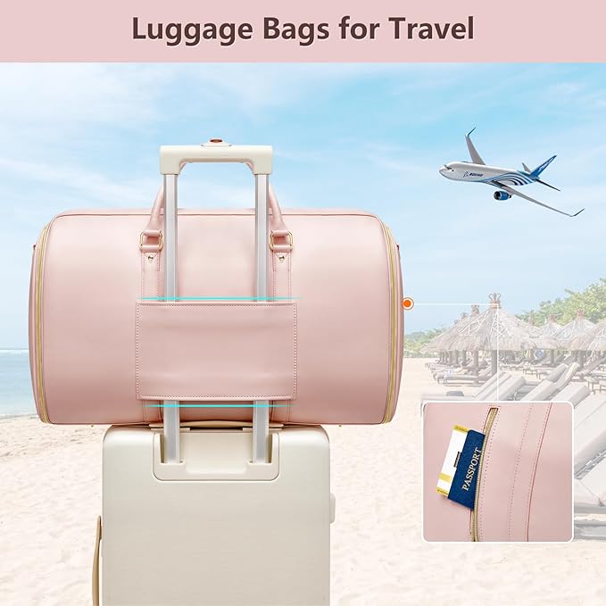 Garment Bags for Travel, Convertible Suit Travel Bag for Women, Fashion & Cute Carry On Garment Bag with Shoe Pouch, 2-in-1 Foldable PU Leather Hanging Duffle Bag, Single-Zipper Design, Pink