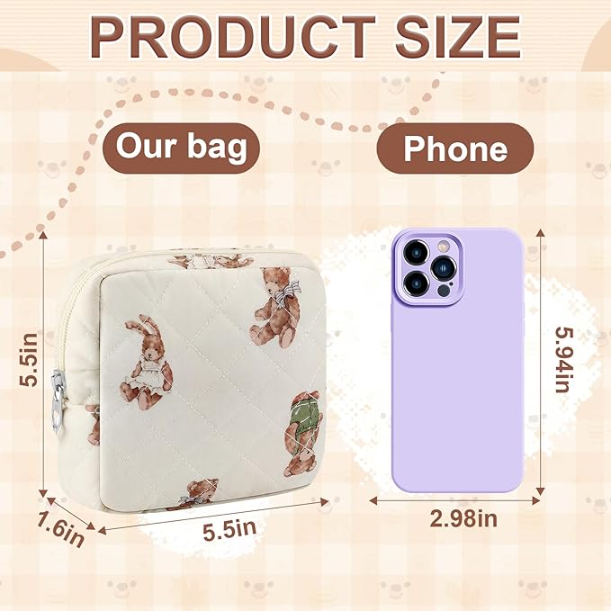 Small Quilted Cotton Makeup Bag for Purse Mini Cosmetic Period Bag for Women Cute Small Bear Makeup Sanitary Pouch Portable Travel Toiletry Bags with Zipper Christmas Birthday Gifts