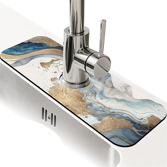 Kitchen Sink Splash Guard, Natural blue and gold marble Faucet Mat Sink Gadgets-Super Absorbent Fast Drying Mat Drip Catcher for Kitchen, Bathroom, Sink Mat, Dish Drying Mat, Bathroom (15" X 5.5")