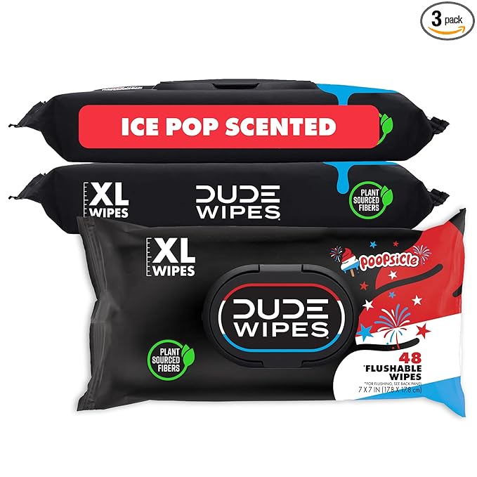 DUDE Wipes Poopsicle Flushable Wipes - Ice Pop Scented Extra-Large Adult Wet Wipes - 3 Pack (144 Count) - Infused with Vitamin E and Aloe - Septic and Sewer Safe