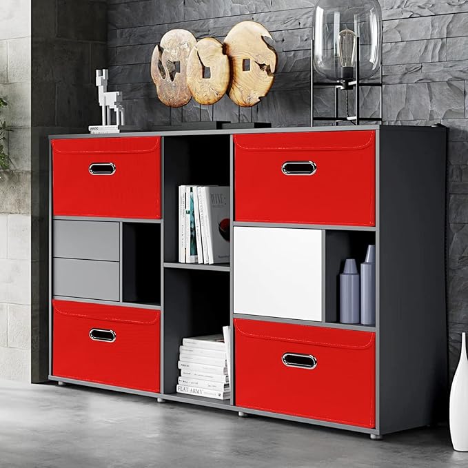 Linen Fabric Foldable Collapsible Storage Cube Bin Organizer Basket Fabric Storage Bins with Lid, Leather Handles, Removable Divider for Home, Closet, Red 3Pcs