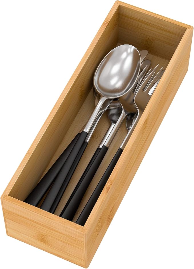 Bamboo Kitchen Drawer Organizer, Wooden Storage Box for Utensil Organizer Silverware Tray Cutlery Holder Flatware Containers - Multi-Use Deep Drawer Dividers Organizer for Bathroom, Jewelry, 9"3"2.5"