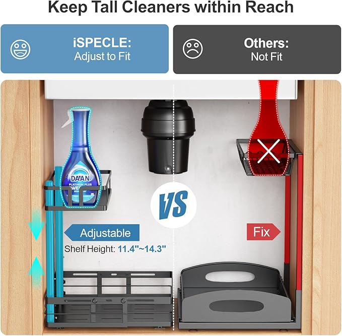 iSPECLE Under Kitchen Sink Organizer - 2 Pack Height Adjustable Pull Out Cabinet Organizer Fit Around Plumbing & Disposal, Heavy-Duty Undersink Storage Sliding Get Item for 30" - 36" Wide Sink Cabinet