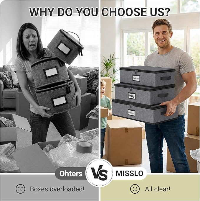 MISSLO Large Capacity China Storage Containers Hard Shell Plate Storage Containers, Kitchen Packing Moving Boxes for Dishes, Dinnerwares, Mugs Protectors, Grey, 3 Piece Set