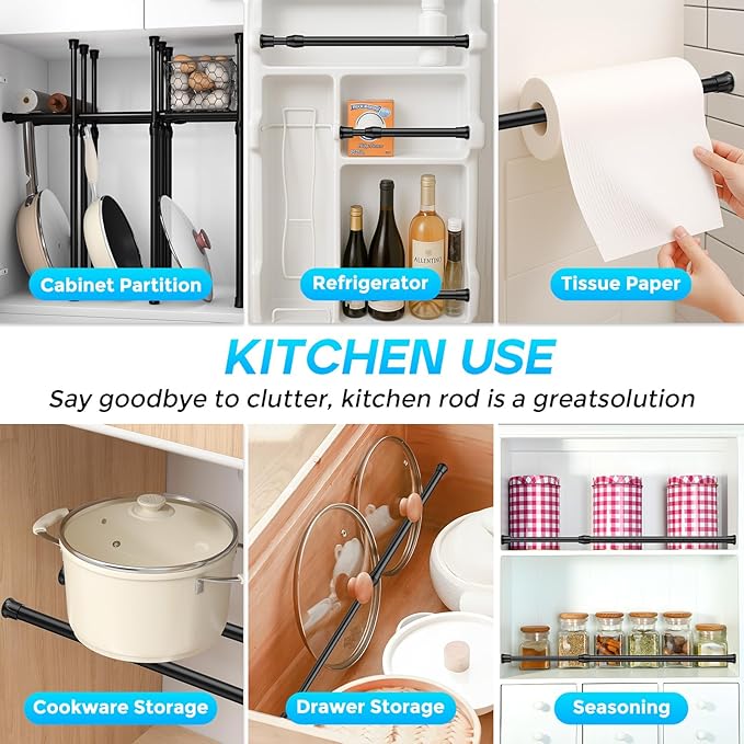 Tension Curtain Rod 28-48 inch Small Tension Rods Black Adjustable Spring Tension Curtain Rods 6PCS Mini Curtain Rod Short for Cupboard Closet Rod Kitchen Drawers No Drill Cupboard Cabinets